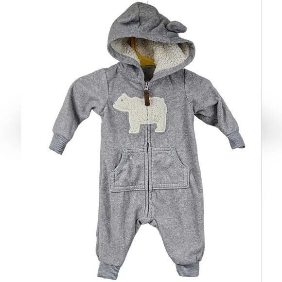 Carters 3M Gray Polar Bear Sherpa Fleece Hoodie One-Piece Jumper Winter Outfit - Picture 1 of 8